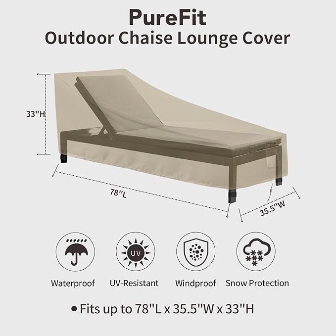 PureFit Outdoor Chaise Lounge Cover, Lounge Chair Covers Waterproof Patio Furniture Lounge Chair Cover, UV Resistant & Weatherproof, 1 Pack, 78"L x 35.5"W x 33"H Inches, Camel