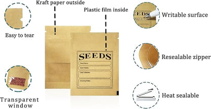 PABCK 100 Pack Small Resealable Seed Envelopes with Clear Window 2.7x3.7inch Brown Kraft Paper Packet with Preprinted Seed Collecting Template for Seed Flower Vegetable Plants Garden Storage Packaging