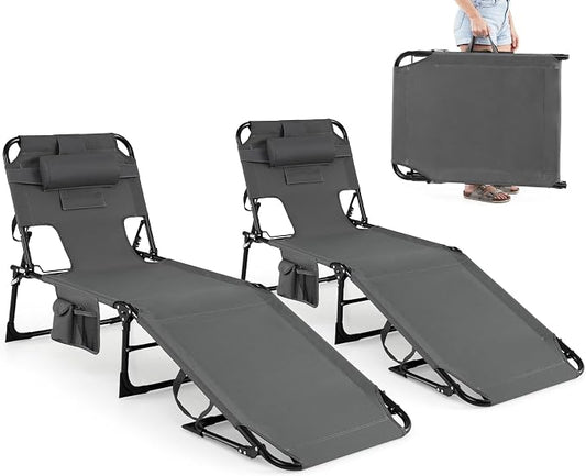 GYMAX Tanning Chair with Face Hole, Sun Bathing Lounge Chairs for Outside with Side Pocket, Folding Portable Face Down Layout Tanning Chair Beach, Backyard, Poolside, Lawn (Grey,2)