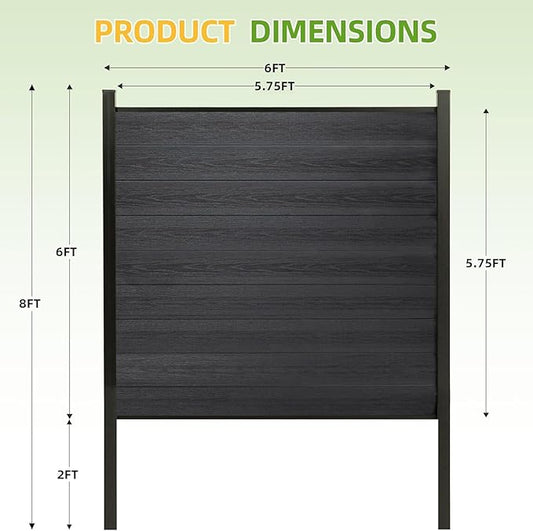 Mondaria Fence Privacy Screen with 8ft In-ground Posts, 6ft(H) x 6ft(W) Wood Plastic Composite Fence Panels Weather-Resistant Outdoor Fence for Backyard/Garden (Black, 2 Posts)