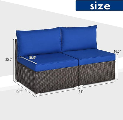 COSTWAY 2PCS PE Rattan Armless Sofa, Wicker Patio Conversation Set Chairs with Soft Cushion, Outdoor Sectional Furniture for Yard, Poolside (Navy)
