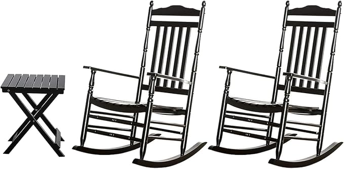 Outdoor Patio Rocking Chairs Folding Side Table Set of 3 Piece Porch Wooden Rockers Small Foldable End Table Furniture Indoor Outside Camping Balcony Garden Lawn and Bistro, Black