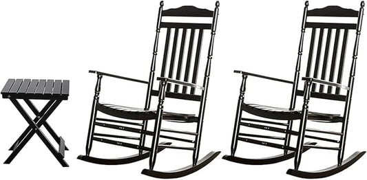 Outdoor Patio Rocking Chairs Folding Side Table Set of 3 Piece Porch Wooden Rockers Small Foldable End Table Furniture Indoor Outside Camping Balcony Garden Lawn and Bistro, Black