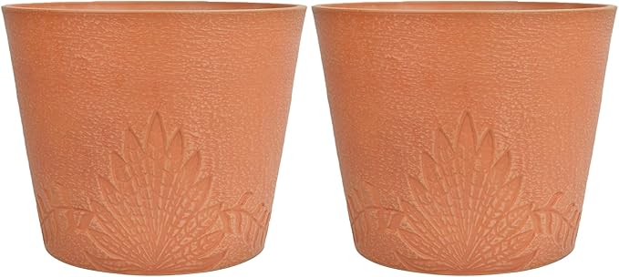 GreenShip 15 inch Large Planters, Set of 2 Relief Planters - Recycled Resin & Stone Composite Flower Pots - Weather Resistant Lightweight Garden Pots for Indoor Outdoor Plants