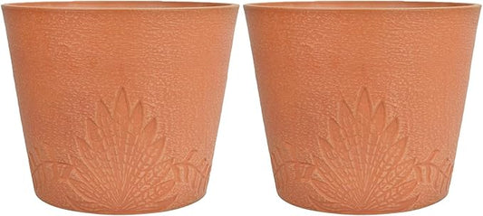 GreenShip 15 inch Large Planters, Set of 2 Relief Planters - Recycled Resin & Stone Composite Flower Pots - Weather Resistant Lightweight Garden Pots for Indoor Outdoor Plants