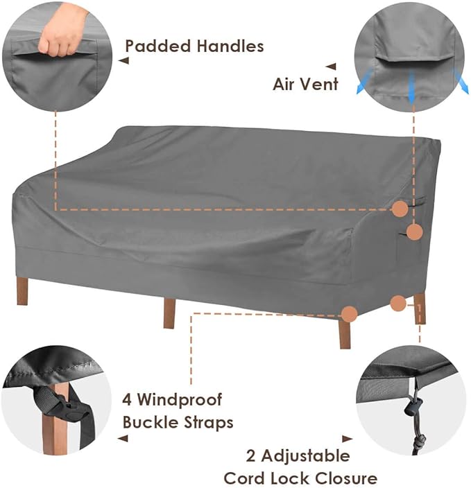 Vailge Heavy Duty Patio Sofa Cover, 100% Waterproof 3-Seater Outdoor Sofa Cover,Lawn Patio Furniture Covers with Air Vent and Handle,93" Wx 40" Dx 35" H,Grey