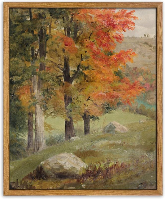 UPWOIGH 16x24 in Large Framed Wall Art, Autumn Tree Oil Painting Canvas, Vintage Fall Landscape Rustic Forest Print, Retro Moody Wall Art for Living Room Bedroom Decor, 1 Pack Gift