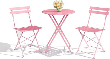3-Piece Folding Bistro Set Outdoor Patio Furniture, Space-Saving Foldable Chairs & Table Capacity Heavy-Duty Powder-Coated Steel Frame, No Assembly Required for Garden, Balcony, Backyard, Pink