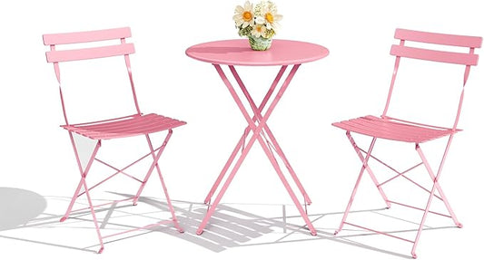 3-Piece Folding Bistro Set Outdoor Patio Furniture, Space-Saving Foldable Chairs & Table Capacity Heavy-Duty Powder-Coated Steel Frame, No Assembly Required for Garden, Balcony, Backyard, Pink