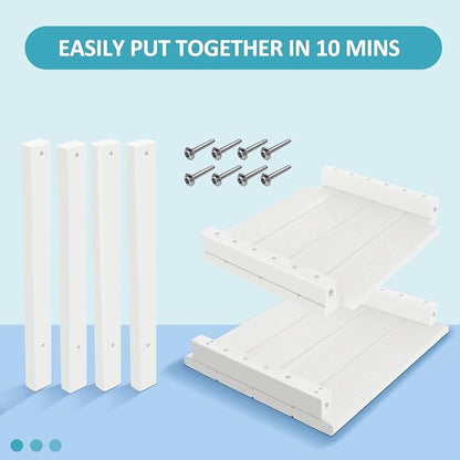 2 Tier Outdoor Side Table with Wood-Like Grain, 16.6" HDPE Adirondack Table Patio Side Table, Weather Resistant End Table for Pool, Patio & Porch, Small Outdoor Table (White, Rectangle)