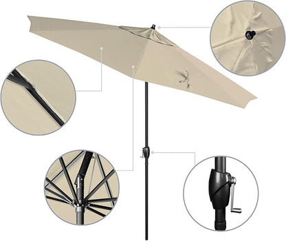 California Umbrella 9' Rd Aluminum Patio Umbrella, Crank Lift, Auto Tilt, Black Finish, 4yr Fade Warranty, Antique Beige
