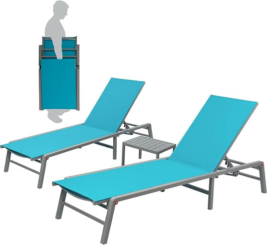 Kozyard 3 Packs Lounge Chair Outdoor Set Foldable Outdoor Lounge Chair with 5 Adjustable Backrest, Patio Lounger, Recliner and Full Flat Chairs for Patio, Beach, Pool (2 Aqua Textilence W/Table)