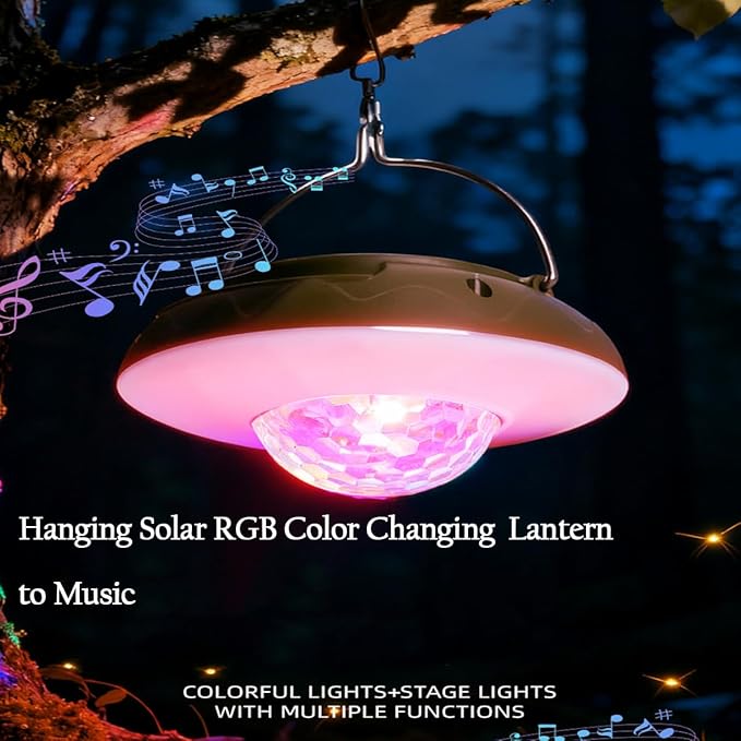 2 Pack Solar Camping Lights & Lantern DJ Disco Ball, RGB Color Changing Tent Light, Music Sync Strobe Party Lights, USB Rechargeable Portable Hanging Lamp, Waterproof for Outdoor Christmas Decor Gifts