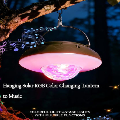 2 Pack Solar Camping Lights & Lantern DJ Disco Ball, RGB Color Changing Tent Light, Music Sync Strobe Party Lights, USB Rechargeable Portable Hanging Lamp, Waterproof for Outdoor Christmas Decor Gifts
