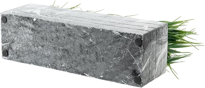 MyGift 14 Inch Artificial Green Grass Plant in Gray Marble Pattern Resin Ribbed Rectangle Planter, Faux Greenery Rectangular Cement Pot Centerpiece Home Décor
