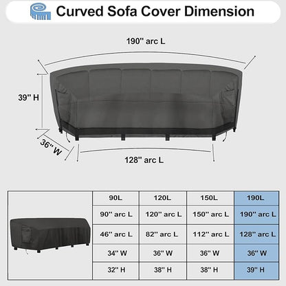 OutdoorLines Waterproof Curved Outdoor Sectional Cover - UV Resistant Windproof Patio Sectional Sofa Covers for Deck, Lawn and Backyard, Heavy Duty Furniture Covers (190Lx36Dx39Hx128FL, Black)