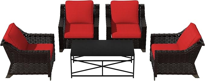 Vista Vibe 5 Pieces Outdoor Rattan Patio Conversation Furniture Set - 4 Wicker Chairs | Steel Coffee Table, Premium & Washable Cushions, Living Room, Poolside (Brown/Red)