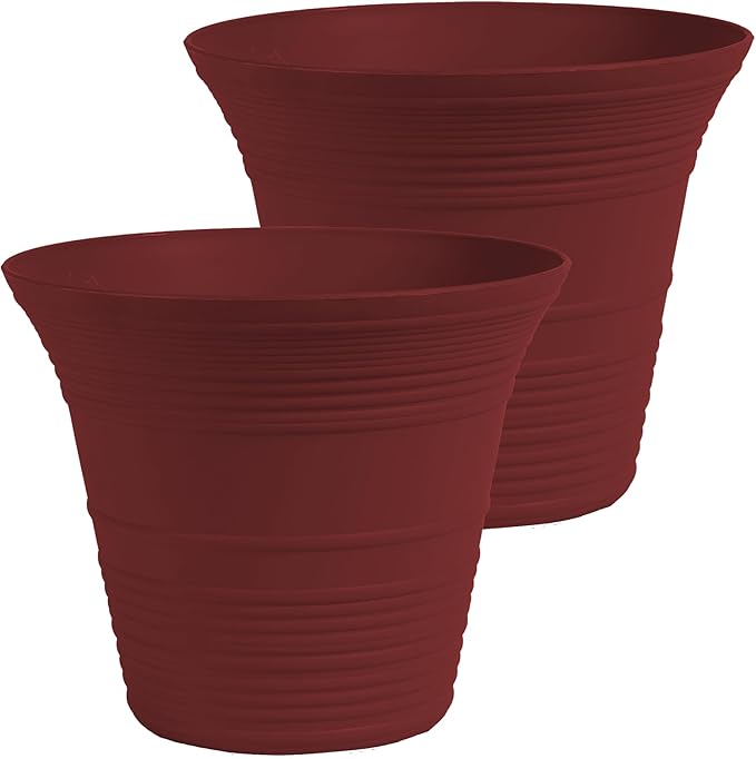 The HC Companies 14 Inch Sedona Round Self Watering Planter Pots, Lightweight UV-Resistant Plastic Indoor & Outdoor Planters, 2-Pack Flower Pots for Garden & Home Decor, Wild Red