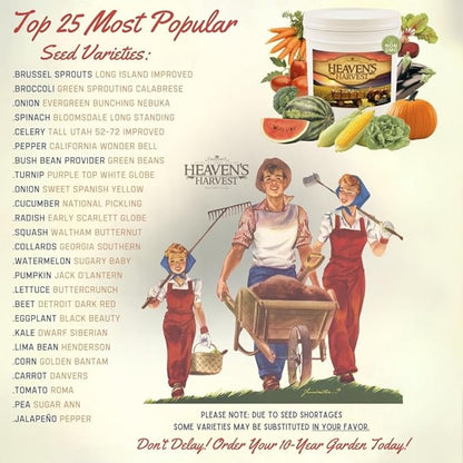 Heaven’s Harvest “10 Year Garden” Survival Seed Bank Kit | Over 50k Non GMO Heirloom Vegetable Survival Seeds + 2 Free Bonus Items: Clyde’s Garden Planner + Seed Vault Storage Drum for 10 Year Storage