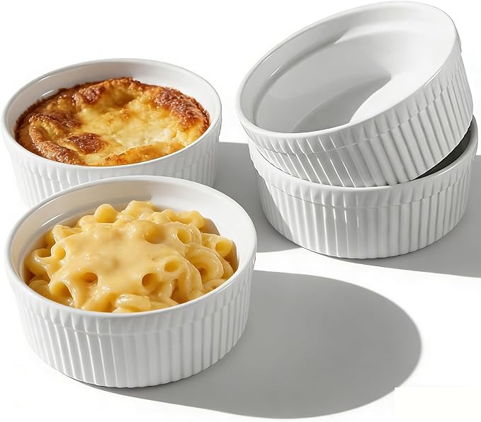 Cinf White 10 oz Set of 4 Souffle Dishes Ramekins Oven Microwave Safe Bowls Creme Brulee Set Sauce Cups for Baking Cooking Dessert Porcelain Pudding Cups
