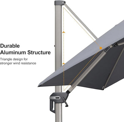 PURPLE LEAF 10FT Patio Umbrella with Base Cantilever Umbrella Square Outdoor Offset Umbrella with Champagne Frame and 360° Rotation for Garden Deck Pool, Light Grey
