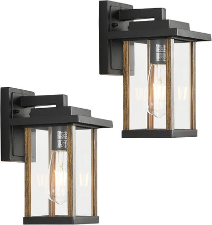 Outdoor Wall Sconce, Outside Porch Light Fixtures, Anti-Rust Exterior Wall Lights in Wood Grain & Black Finish with Clear Glass for Garage Doorway Entryway, 2 Pack