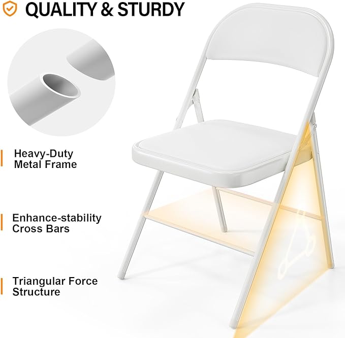 VINGLI 6 Pack Folding Chairs with Padded Seats, Metal Frame with Pu Leather Seat & Back, Capacity 350 lbs, White