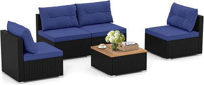RELAX4LIFE 5-Piece Wicker Outdoor Furniture - PE Rattan Sectional Conversation Set w/4 Armless Sofas & Acacia Wood Coffee Table, Cushioned Patio Sofa Set for Garden Poolside Backyard Porch (Navy)
