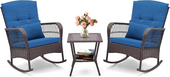 HAPPYGRILL 3 Pieces PE Rattan Rocking Bistro Set, Rocking Chairs with 2-Tier Coffee Table, Thick Pillows and Cushions, Outdoor Conversation Set for Porch, Garden and Poolside, (Navy)