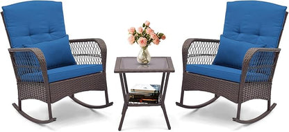 HAPPYGRILL 3 Pieces PE Rattan Rocking Bistro Set, Rocking Chairs with 2-Tier Coffee Table, Thick Pillows and Cushions, Outdoor Conversation Set for Porch, Garden and Poolside, (Navy)