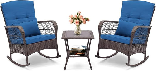 HAPPYGRILL 3 Pieces PE Rattan Rocking Bistro Set, Rocking Chairs with 2-Tier Coffee Table, Thick Pillows and Cushions, Outdoor Conversation Set for Porch, Garden and Poolside, (Navy)