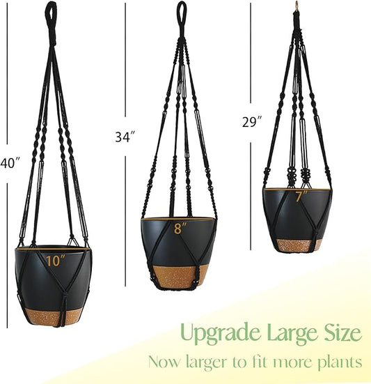 Bouqlife 3 Pack Self Watering Hanging Planters Macrame Plant Hangers with Indoor Flower Pots 10" / 8" / 7", 3 Different Size Hanging Basket, Plant Hanger with Hooks for Garden Home Decor Black Large