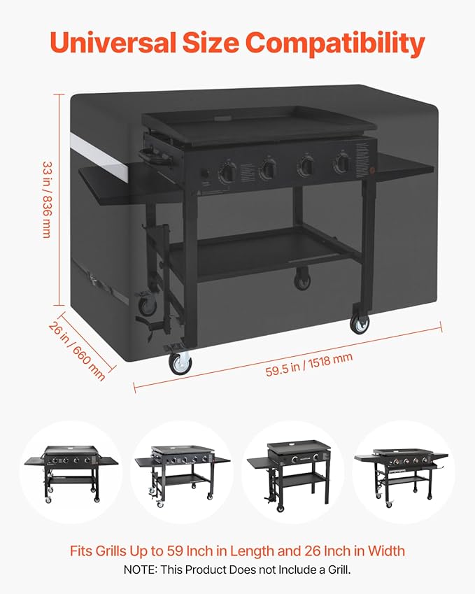 VEVOR Grill Cover, 59 inch BBQ Covers for Outdoor Grills, Waterproof, Fade Resistant, Weather Resistant Heavy Duty 600D Polyester, Easy On/Off, with Secure Buckles, Black