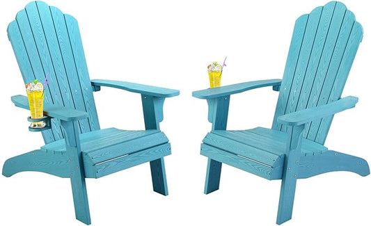 hOmeHua Oversized Adirondack Chairs Set of 2, HIPS Adirondack Chairs Weather Resistant with Cup Holder, Plastic Outdoor Chair for Patio, Backyard Deck, Fire Pit Lawn Porch (Lake Blue)