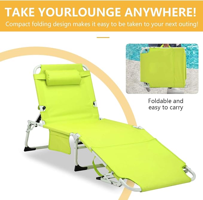 HRVEOCEI 3-in-1 Sun Tanning Chair with Face Hole,Adjustable 5-Position Folding Laying Out Chairs for Tanning,Outdoor Face Down Beach Lounger Sun Bathing Lounge Chair for Pool Deck Patio (Green)