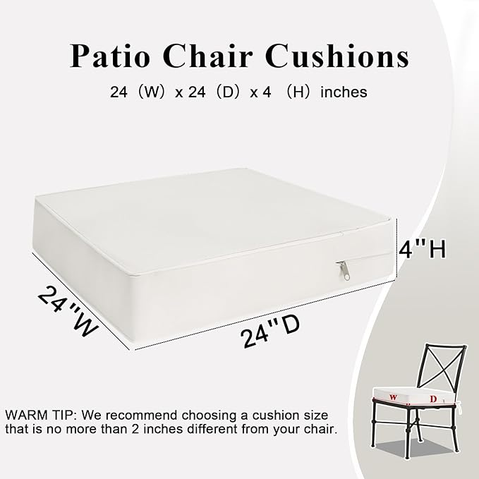 Outdoor Chair Cushions 24x24x4 Inch, Waterproof Beige Patio Furniture Cushions Set of 2 with Ties & Handle, 3 Year Color Fastness Square Replacement Seat Cushions for Sofa, Couch
