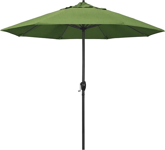 California Umbrella 9' Rd Aluminum Patio Umbrella, Crank Lift, Auto Tilt, Black Finish, Sunbrella Cilantro