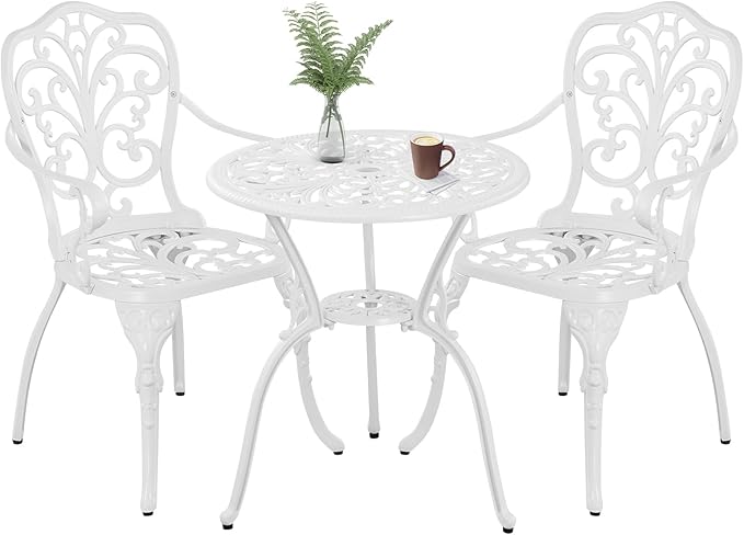 Outdoor Bistro Set 3 Piece, Bistro Table and Chair Set of 2, Cast Aluminum Patio Dinning Set with Umbrella Hole for Balcony, Garden, Porch
