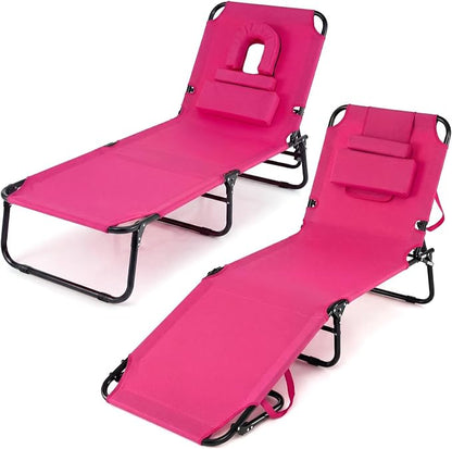 Giantex Folding Beach Tanning Chair - Adjustable Patio Lounge Chair w/Face Hole, Removable Pillows, Carry Strap, Layout Chair, Sunbathing Chaise Lounge Outdoor for Poolside Yard Lawn (2, Pink)