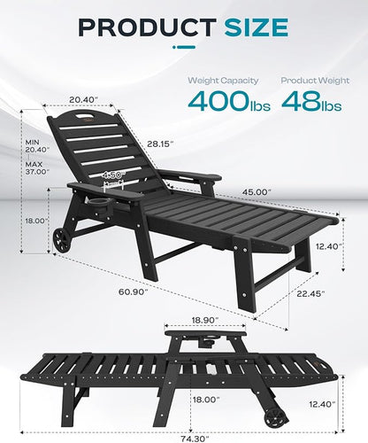 Outdoor Chaise Lounge Chair Set of 2, Patio Lounge Chairs for Outside, HDPE Lounge Chairs with Wheels & Cup Holder, Poly Lounge Chair with 5 Position for Poolside, Deck, Black