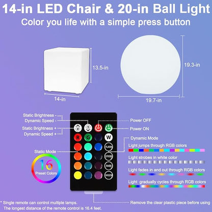 14-in LED Cube Seat & 20-in LED Globe Orb Light, Rechargeable Globe Floor Lamp Cube Chair for Kid w/Remote, Versatile Light Up Side Table Glowing Ball Lights for Home Garden Patio Lawn Party Decor