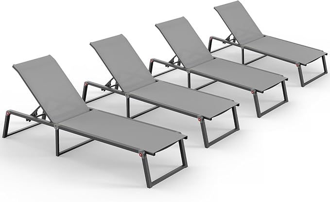 Aluminum Chaise Lounge Chair Outdoor, Foldable& No Assembly Patio Pool Lounge Chairs 5-Position Recliner for Outside, Fully Grounded Legs Sun Lounger for Poolside, 4 Packs, Dark Grey