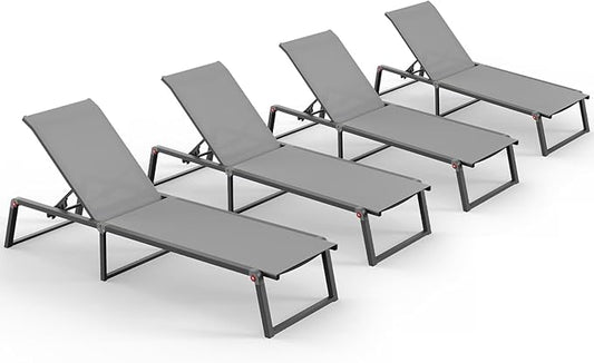 Aluminum Chaise Lounge Chair Outdoor, Foldable& No Assembly Patio Pool Lounge Chairs 5-Position Recliner for Outside, Fully Grounded Legs Sun Lounger for Poolside, 4 Packs, Dark Grey