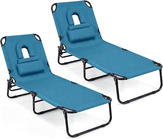 GYMAX Tanning Chair, 330lbs Beach Lounge Chair with Face Hole, Washable Pillow & Carry Strap, Adjustable Folding Chaise Lounge, Layout Lounger for Outside, Patio, Poolside, Lawn (2, Blue)