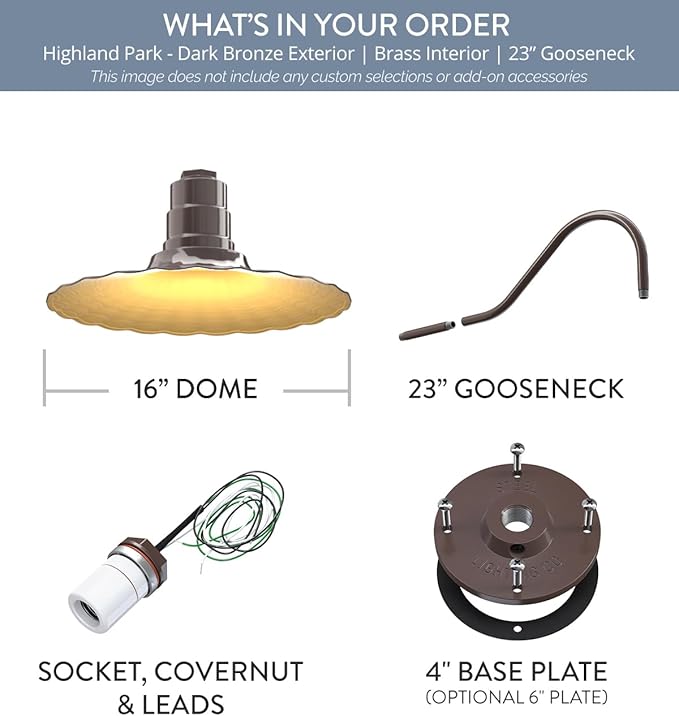Steel Lighting Co. Highland Park Barn Light | Outdoor Wall Mounted | 16 inch Radial Wave | 23" Gooseneck | Vintage Style Made in America | Dark Bronze Exterior/Brass Interior