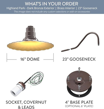 Steel Lighting Co. Highland Park Barn Light | Outdoor Wall Mounted | 16 inch Radial Wave | 23" Gooseneck | Vintage Style Made in America | Dark Bronze Exterior/Brass Interior