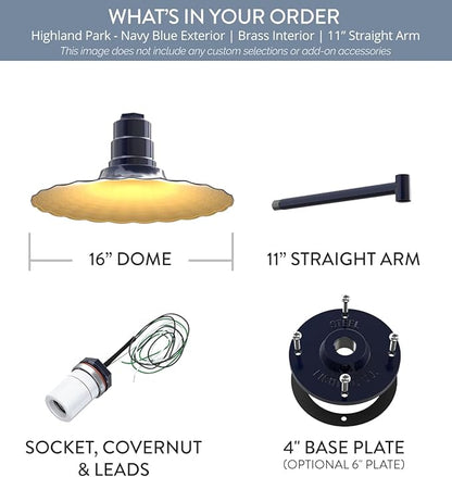 Steel Lighting Co. Highland Park Barn Light | Outdoor Wall Mounted | 16 inch Radial Wave | 11" Straight Arm | Vintage Style Made in America | Navy Blue Exterior/Brass Interior
