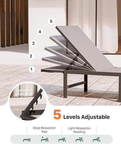Patio Lounge Chair, Aluminum, 5 Adjustable Backrest, 2 Piece,Gray | Lightweight rustproof aluminum.5 adjustable backrest positions.Breathable quick-dry fabric.For poolside,beach,lawn,backyard.
