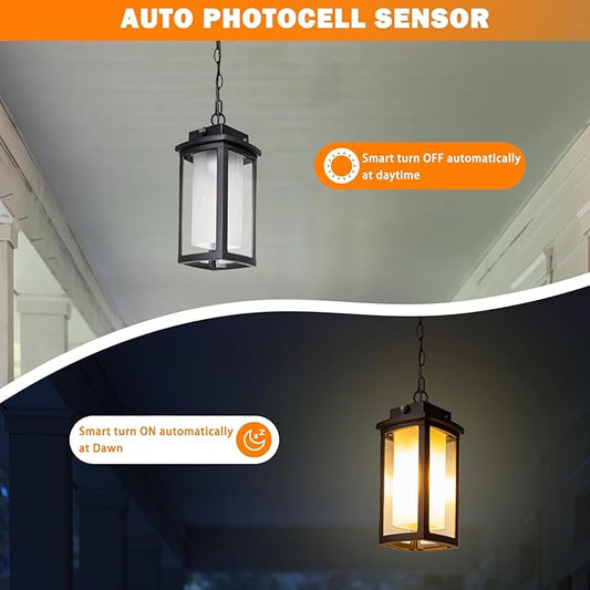 JYZ Dusk to Dawn Outdoor Hanging Light, Exterior Pendant Lantern Dusk Till Dawn, Modern Contemporary Indoor Outdoor Chandelier Lamp Ceiling Mount for Front Porch Entry Gazebo Patio Garden Pergola