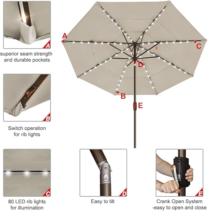 EliteShade USA 10-Year-Non-Fading Solar 9ft 3 Tiers Market Umbrella with 80 LED Lights Patio Umbrellas Outdoor Table with Ventilation,Antique Beige